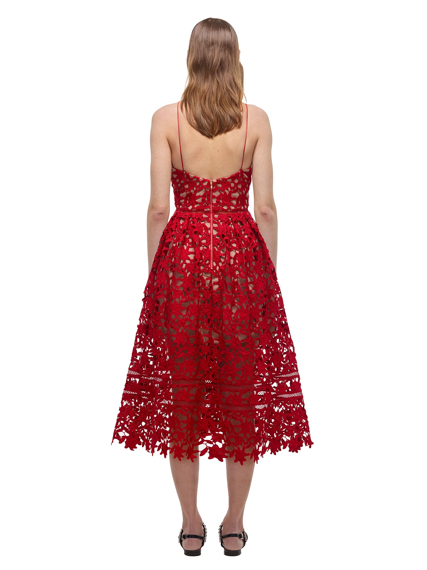 Red Azaelea Lace Midi Dress | self-portrait